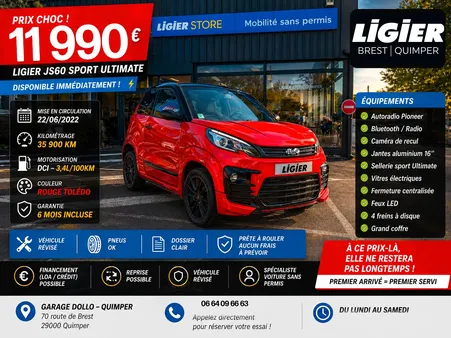 🔥 LIGIER JS60 SPORT ULTIMATE – 2022 – FULL OPTIONS – Première main – DISPONIBLE IMMÉDIATEMENT 🔥 Voiture sans permis - Ligier Quimper - Garage DOLLO