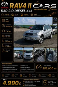 Toyota RAV4 II 2.0 diesel D4D 4x4 116ch 8cf 2005 256.000km CT-6mois , turbo neuf , révision neuf , pneus neuf , disque et Plaquttes arrière neuf , injecteurs reconditionné, amortisseurs et coupelle ne
