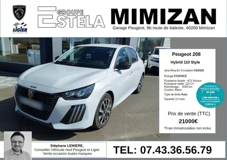 Peugeot 208 Hybrid 110 e-DCS6 Style 5 portes (janv. 2026) (co2 102)